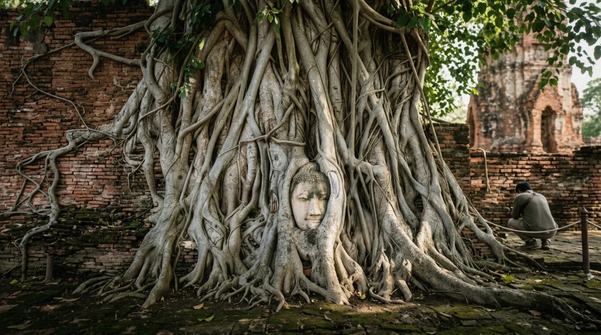 The sandstone Buddha head grown into bodhi tree roots at Wat Mahathat, one of the best temples in Ayutthaya
