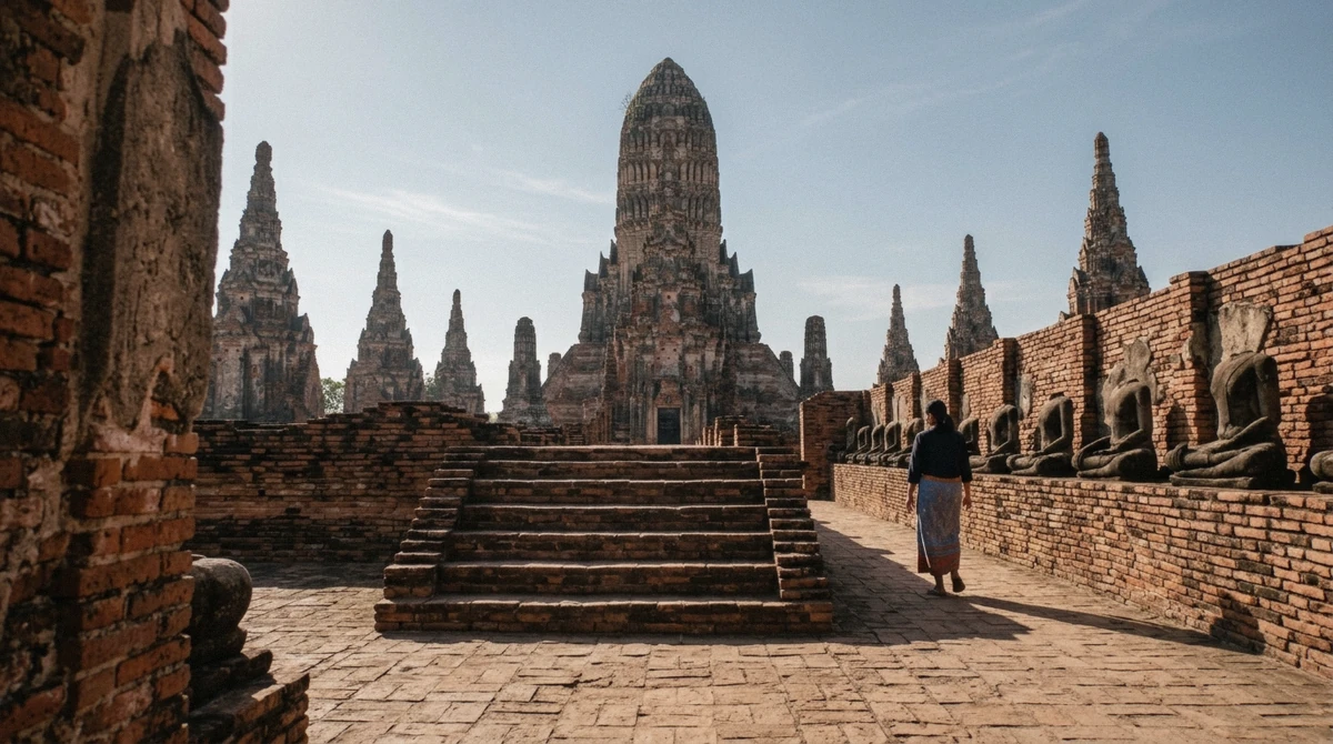 The riverside courtyard of Wat Chaiwatthanaram, one of the best temples in Ayutthaya to visit late in the day