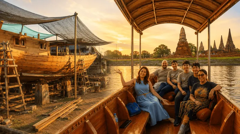Private long-tail boat passing riverside temples on an Ayutthaya river tour around Ayutthaya Island, Thailand