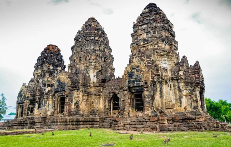 Crab-eating macaques at the Prang Sam Yot monkey temple on an Ayutthaya and Lopburi day trip from Bangkok, Thailand